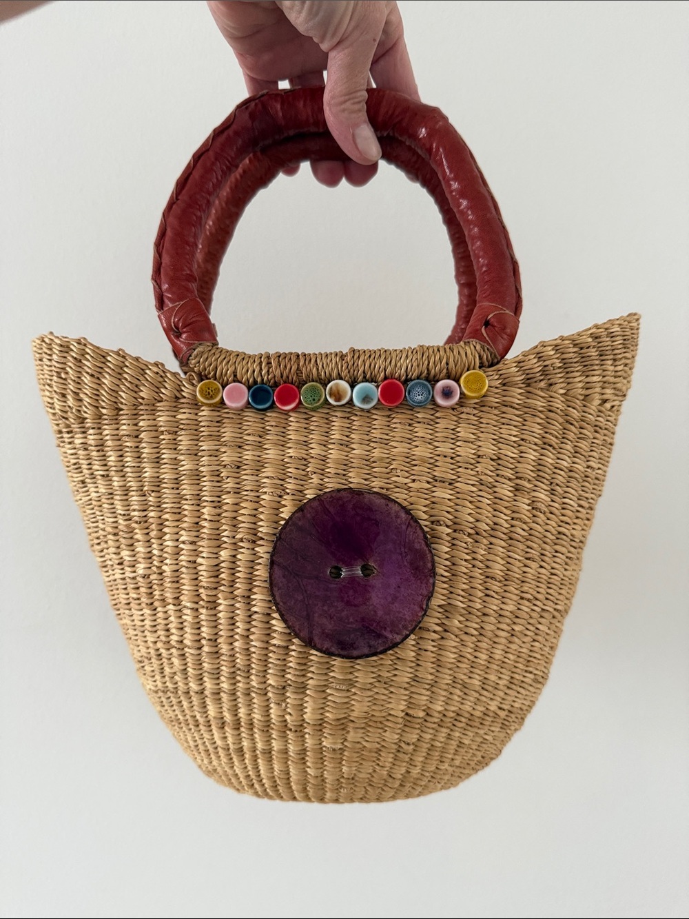 Woven Straw Tote with leather Handle and beaded accent